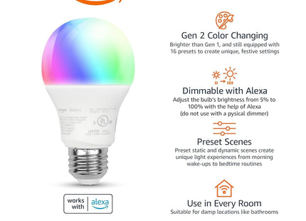 Bombilla LED Inteligente Amazon Basics A19 - 60W - Cambia Color - Compatible con Alexa