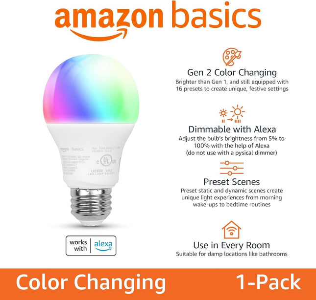 Bombilla LED Inteligente Amazon Basics A19 - 60W - Cambia Color - Compatible con Alexa