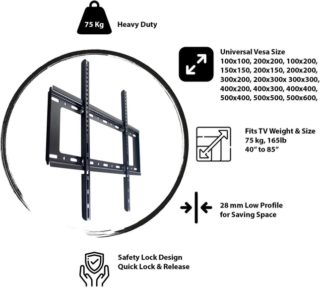Soporte de Pared para TV 40"-85" Heavy Duty - Montaje Fijo VESA hasta 75kg