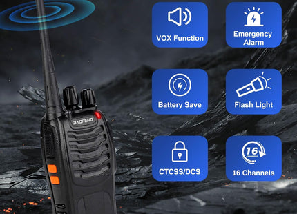 Baofeng Walkie Talkies 888S Recargables Largo Alcance + Auriculares - 16 Canales (2 Unidades)