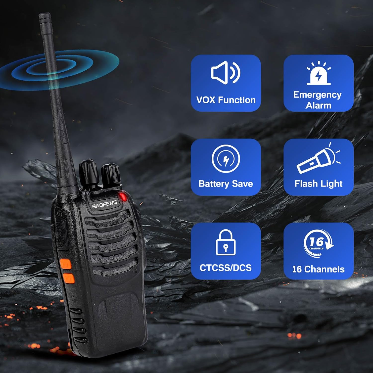 Baofeng Walkie Talkies 888S Recargables Largo Alcance + Auriculares - 16 Canales (2 Unidades)