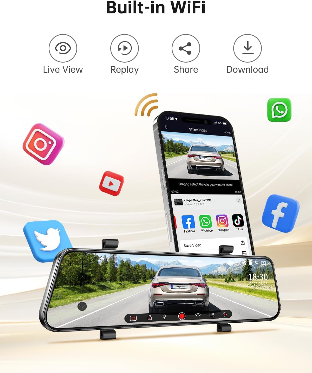 Dashcam Espejo Retrovisor Doble Cámara 360° - Grabación Frontal y Trasera HD