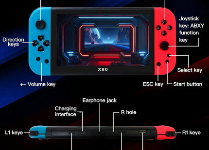 Consola de Videojuegos X80 - Pantalla 7" 20,000+ Juegos Estilo Switch