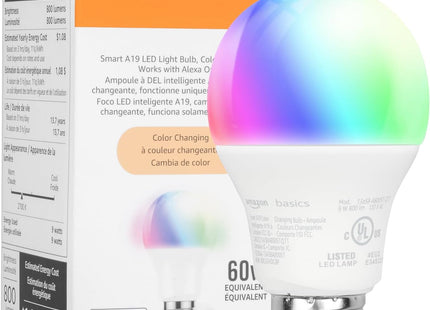 Bombilla LED Inteligente Amazon Basics A19 - 60W - Cambia Color - Compatible con Alexa