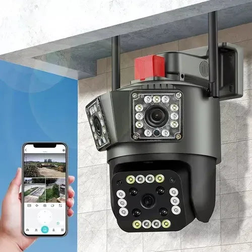 Cámara de Seguridad Triple Lente WiFi - Vigilancia 360° con Alimentación Eléctrica
