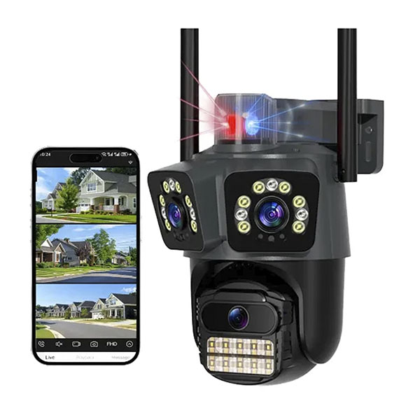 Cámara Triple 2MP x 3 PTZ con Luz de Alarma App ICSEE