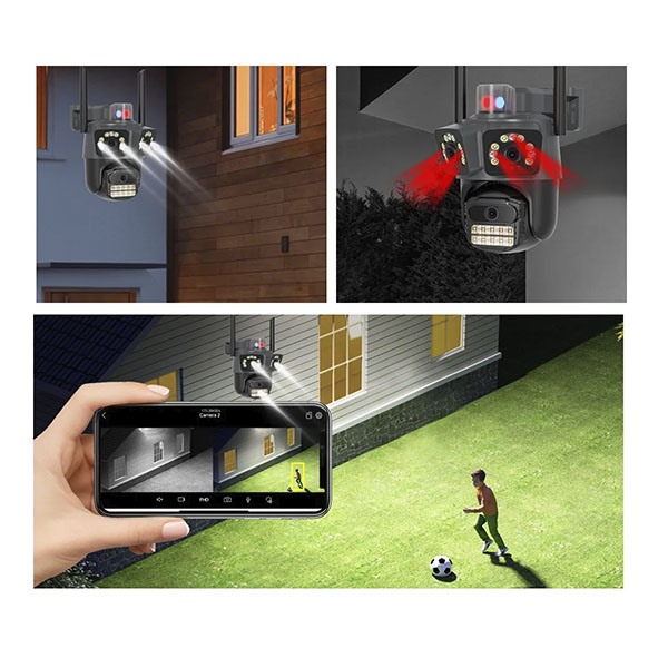 Cámara Triple 2MP x 3 PTZ con Luz de Alarma App ICSEE