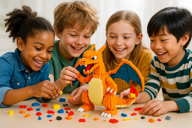 Niños armando Charizard de LEGO